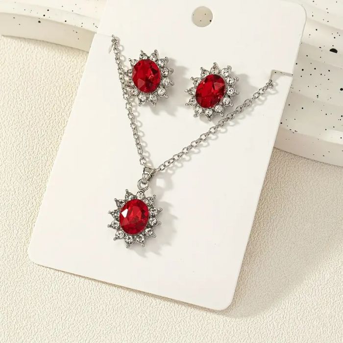 Елегантне намисто та сережки із штучним камінням (прикраса для шиї, аксесуари для дівчат) метал колір червоний/срібний