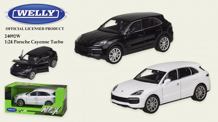Дитяча іграшка колекційно ігрова модель PORSCHE CAYENNE TURBO, чорний колір, маштаб 1:24, корпус метало - пластиковий відкриваються двері та капот