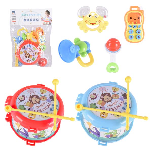 Дитяча іграшка для малюка брязкальце, набір 4 шт та барабан (A994), пакет 24*31*10см