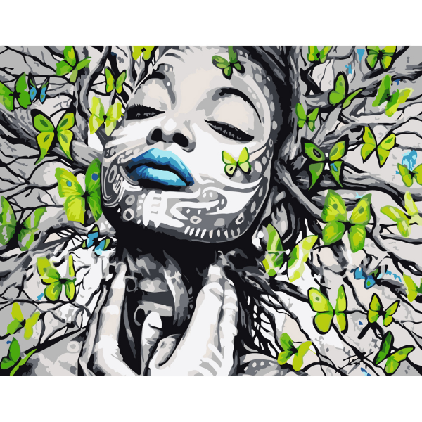 Живопис розпис картина за номерами Метелики біля обличчя Strateg розміром 40х50 см (SS6479)