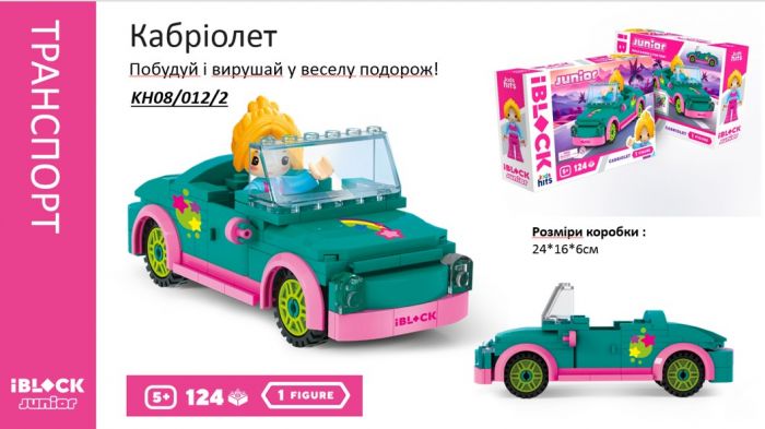 Дитяча іграшка конструктор 124 деталі Kids hits IBLOCK JUNIOR KH08/012/02 дівчатка кабріолет фігурки наліпки інструм