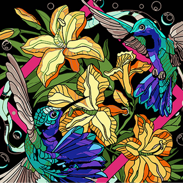 Живопис розпис картина за номерами Колібрі в яскравих тонах Strateg на чорному фоні розміром 40х40 см (AV4040-68)