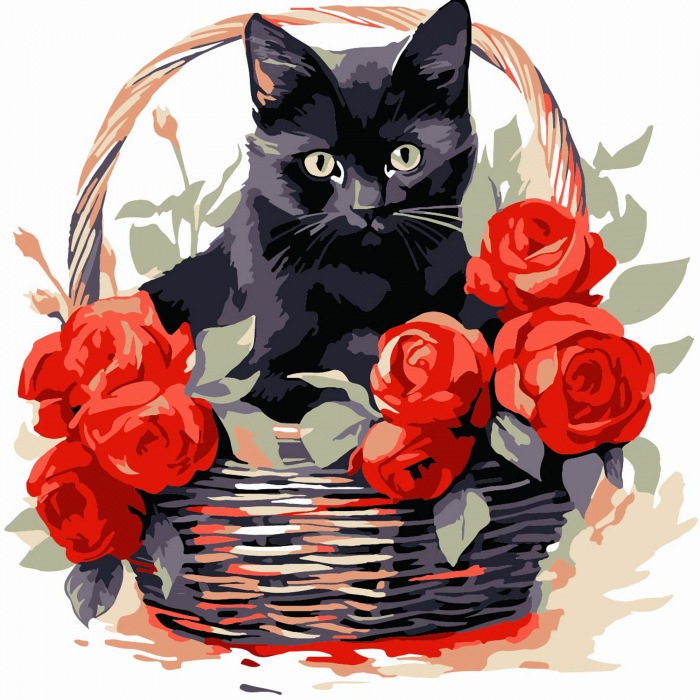Живопис розпис картина за номерами Чорна кішка з трояндами Strateg розміром 20х20 см (HH8009)