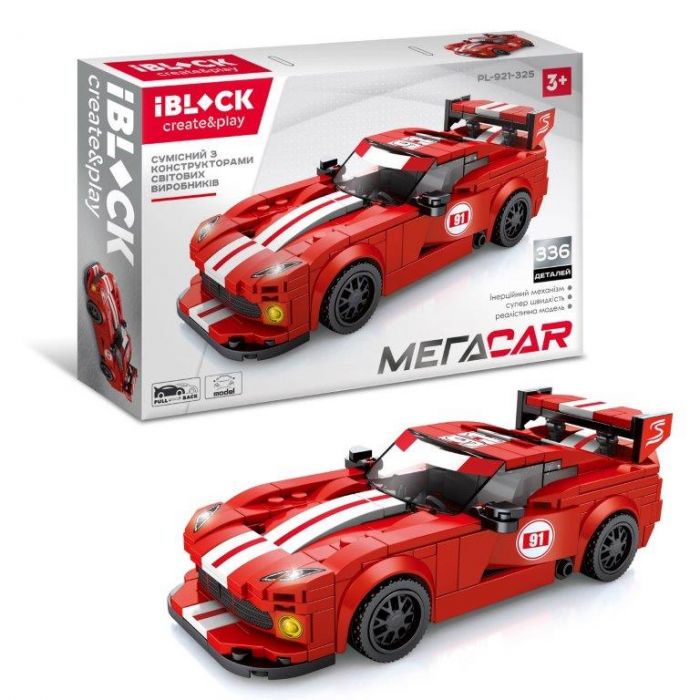 Дитяча іграшка конструктор спортивний автомобіль IBLOCK PL-921-325 МЕГАCAR, 336 деталей, кор. 23,5 * 5,8 * 36см