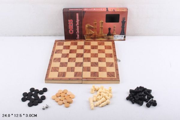 Настільна гра шахи дерев. 3 в 1, арт. S2416, шахи шашки нарди у коробці 24 * 12,5 * 3см