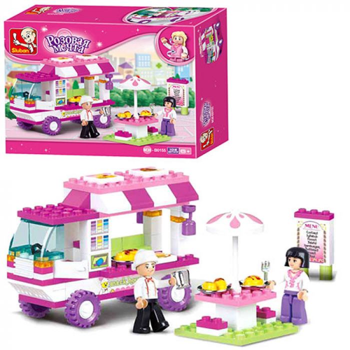 Дитяча іграшка конструктор для дівчаток SLUBAN M38-B0155 Рожева мрія кафе на колесах, фігурки, 102 деталі