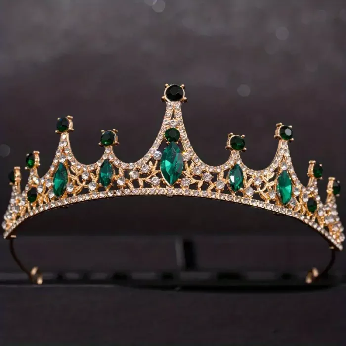 Діадема (тіара) корона з зеленим камінням, колір зоолото (gold) корпус метал НФ-00003417 (tiara)
