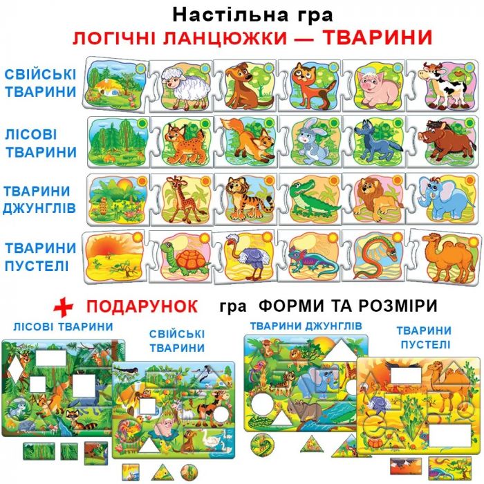 Дитяча настільна гра (вік 3+) логічні ланцюжки, навчальна, серія тварини (КФІ 6058)
