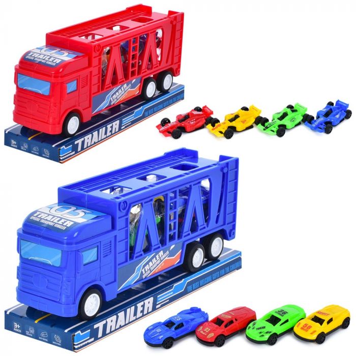 Дитяча іграшка машинка трейлер 588C-1-2 19, 5см інерційний 2 види 4 машинки