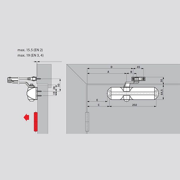 Dorma TS 68 EN 2/3/4 дотягувач (доводчик) для дверей з ліктьовою тягою без фіксації, колір коричневий.