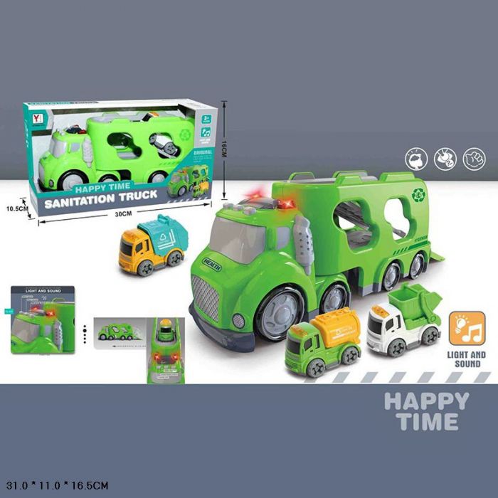 Дитяча іграшка трейлер з машинками світловий і звуковий, арт. 98-320A, коробка 30*16*10,5см, батар.