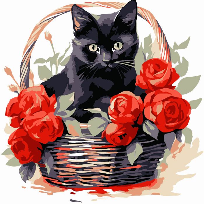 Живопис розпис картина за номерами Чорна кішка з трояндами Strateg розміром 20х20 см (HH8009)