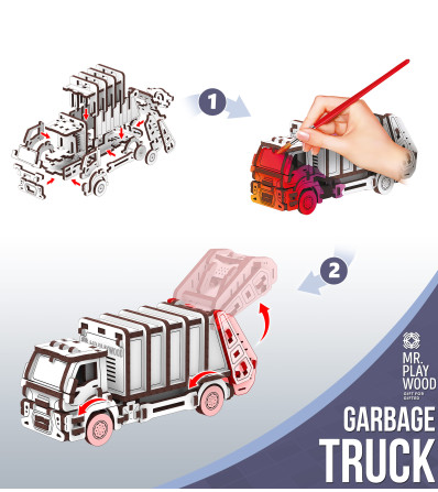 Конструктор механічний дерев'яний 3D сміттєвоз 10802 MR.PLAYWOOD  ( відео в описі)