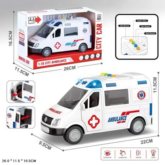 Дитяча іграшка машинка швидка допомога ZY221A фрикційний механізм, світло, звук, відео в описі 